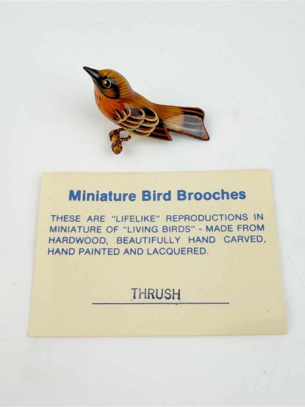 Vtg Hand Carved Wood Brooch Pin Bird Thrush Miniature Wire Legs Lacquered MCM